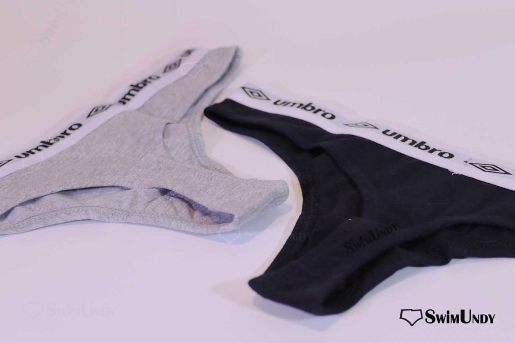 Women's two-pack Umbro thongs in heather and black.